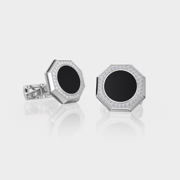 Bouton de manchette Octogone Or Blanc Onyx / Lapis-Lazuli / Agate Blanche