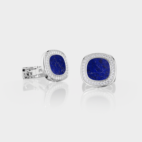 Bouton de manchette Coussin Or Blanc Lapis-Lazuli / Agate Blanche / Onyx