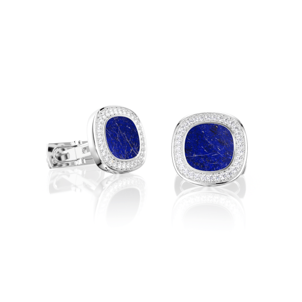 Bouton de manchette Coussin Or Blanc Lapis-Lazuli / Agate Blanche / Onyx